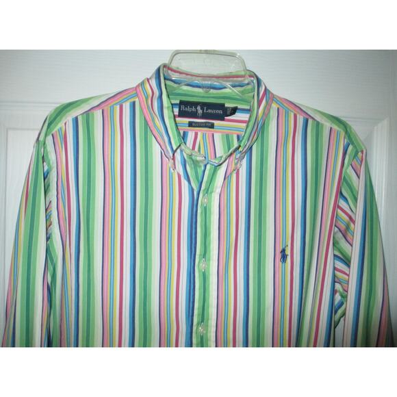 Polo Ralph Lauren Shirt Mens L Button Down Green Pink Vertical Stripe Oxford VTG - Picture 2 of 6